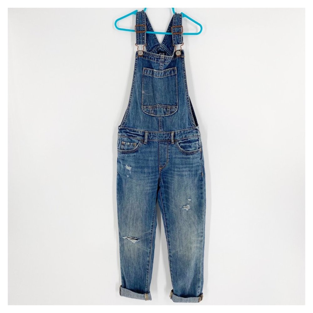 GAP Denim Overalls Girls Size S Distressed Roll Cuff Hem Bib Patch Pocket